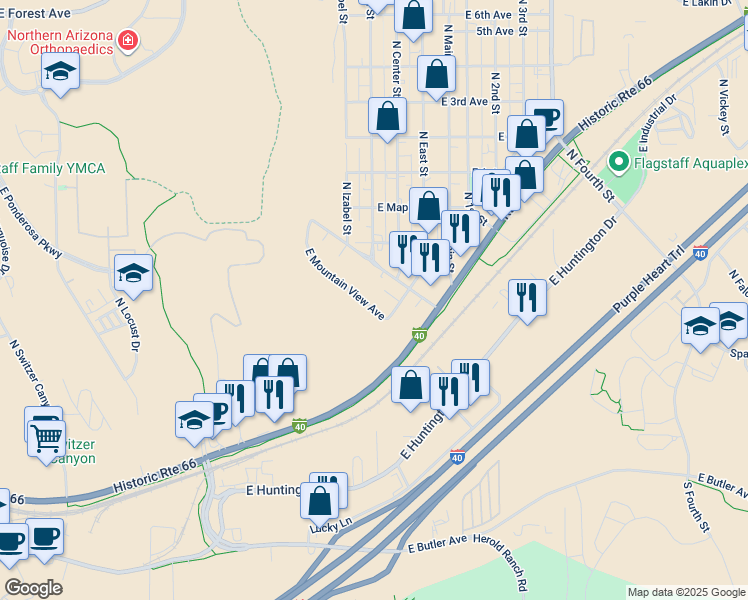 map of restaurants, bars, coffee shops, grocery stores, and more near 1904 East Mountain View Avenue in Flagstaff