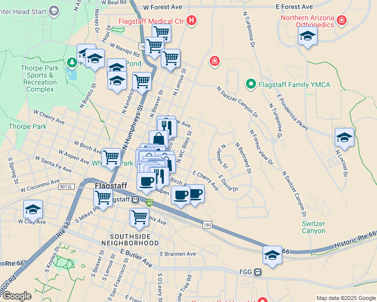 map of restaurants, bars, coffee shops, grocery stores, and more near 202 East Dale Avenue in Flagstaff