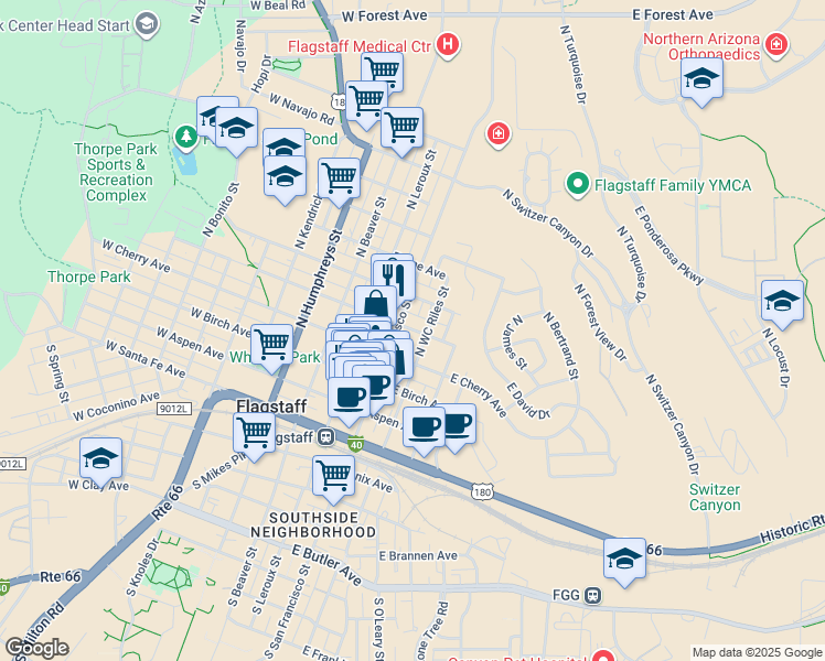 map of restaurants, bars, coffee shops, grocery stores, and more near 318 North San Francisco Street in Flagstaff