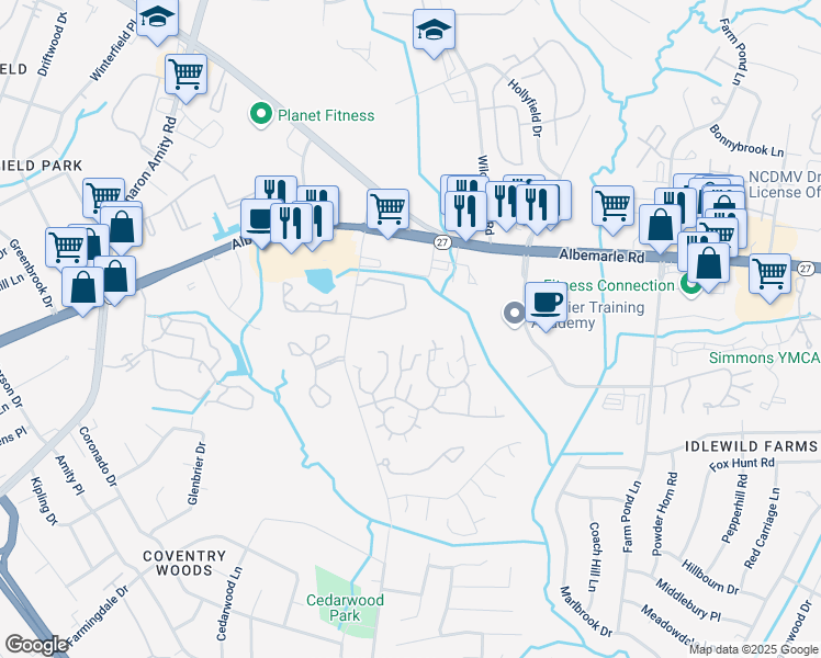 map of restaurants, bars, coffee shops, grocery stores, and more near 6006 Corktree Court in Charlotte
