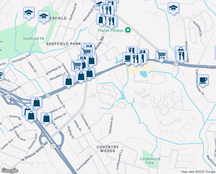 map of restaurants, bars, coffee shops, grocery stores, and more near 5327 Firelight Lane in Charlotte