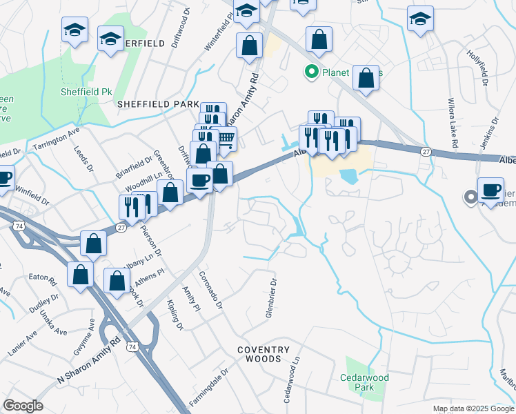 map of restaurants, bars, coffee shops, grocery stores, and more near 5230 Firelight Lane in Charlotte