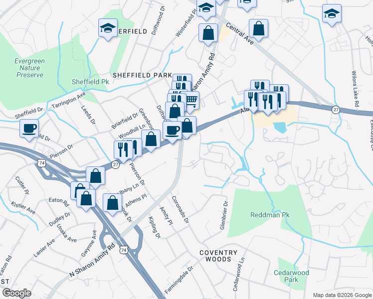 map of restaurants, bars, coffee shops, grocery stores, and more near 3034 North Sharon Amity Road in Charlotte