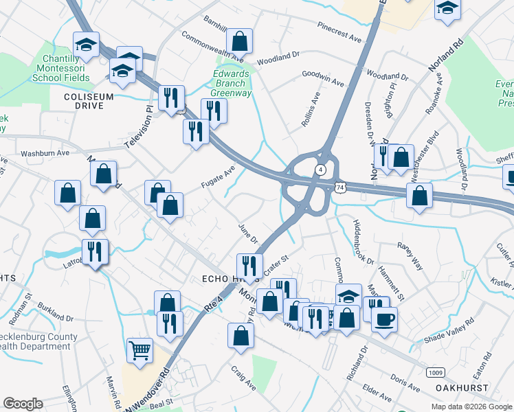 map of restaurants, bars, coffee shops, grocery stores, and more near 929 Cardinal Drive in Charlotte