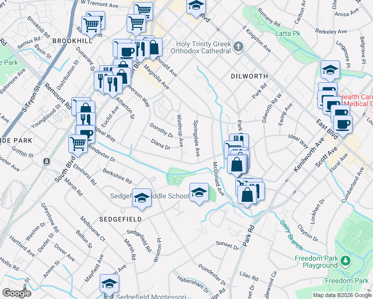map of restaurants, bars, coffee shops, grocery stores, and more near 2316 Winthrop Avenue in Charlotte