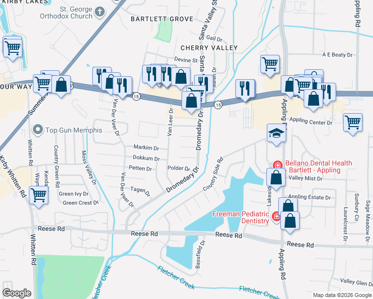 map of restaurants, bars, coffee shops, grocery stores, and more near 7204 Amstel Cove in Memphis