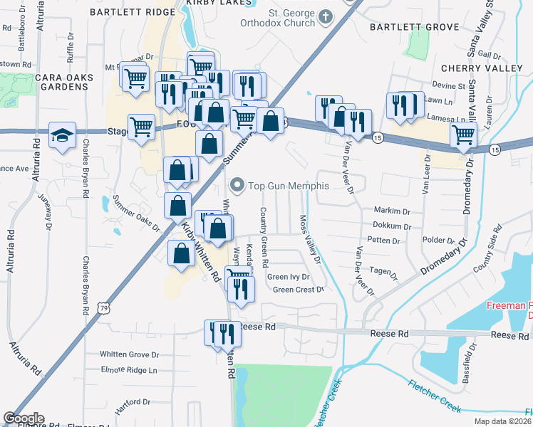 map of restaurants, bars, coffee shops, grocery stores, and more near 2750 Rambling Brook Drive in Memphis