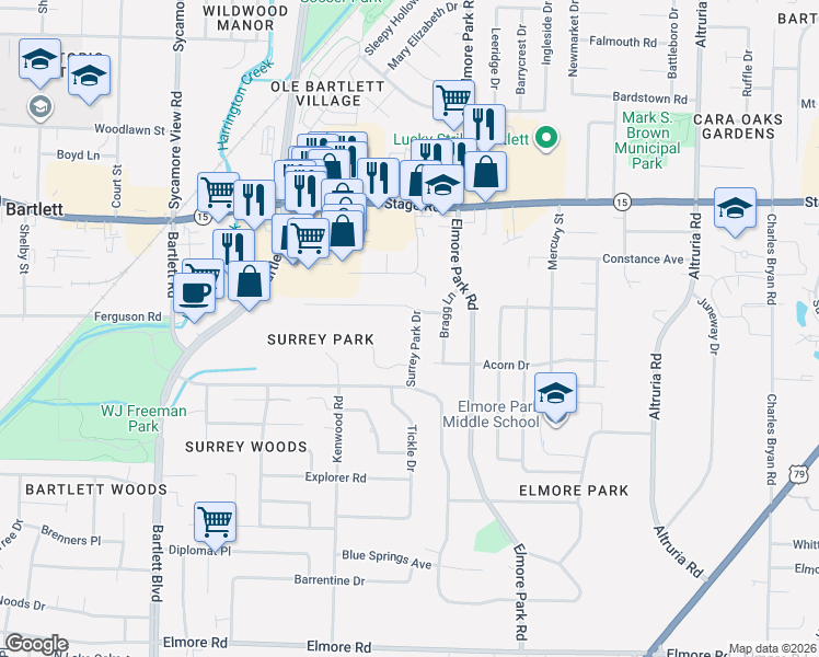map of restaurants, bars, coffee shops, grocery stores, and more near 2744 Surrey Park Drive in Bartlett