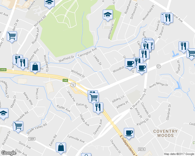 map of restaurants, bars, coffee shops, grocery stores, and more near 4120 Greenhaven Ln in Charlotte