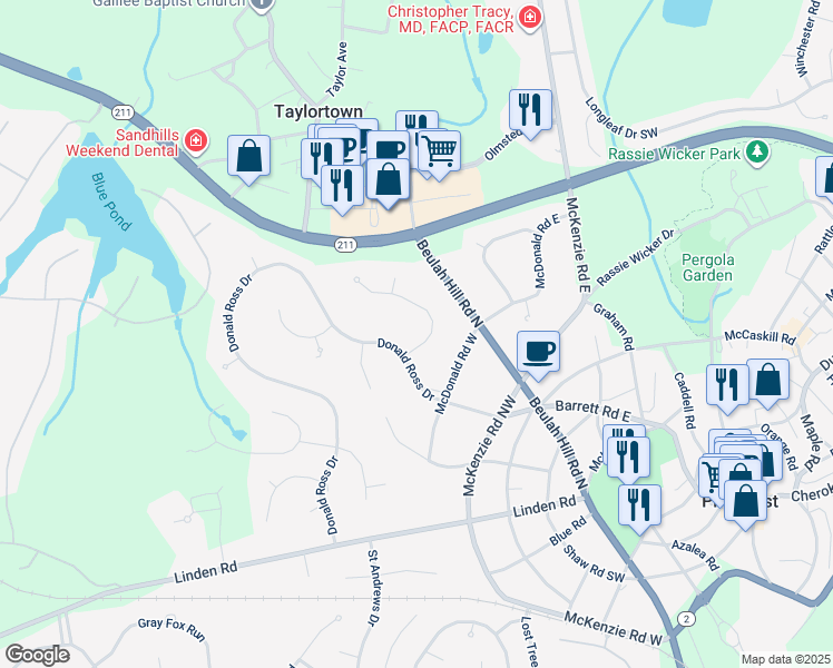 map of restaurants, bars, coffee shops, grocery stores, and more near 25 Harlow Road in Pinehurst