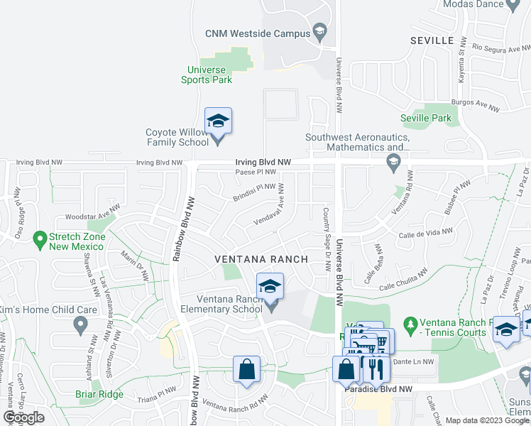 map of restaurants, bars, coffee shops, grocery stores, and more near 10335 Vendaval Avenue Northwest in Albuquerque