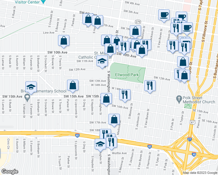 map of restaurants, bars, coffee shops, grocery stores, and more near 1210 Southwest 14th Avenue in Amarillo
