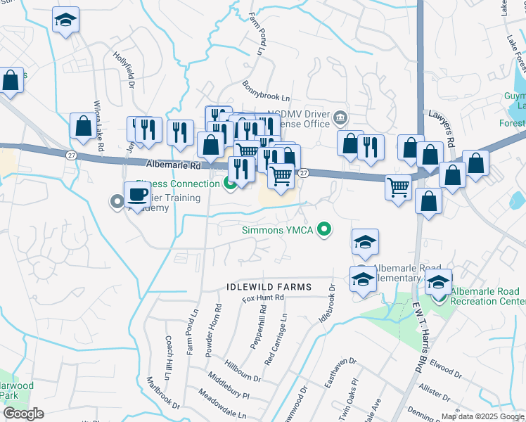 map of restaurants, bars, coffee shops, grocery stores, and more near 6401 Woodbend Drive in Charlotte