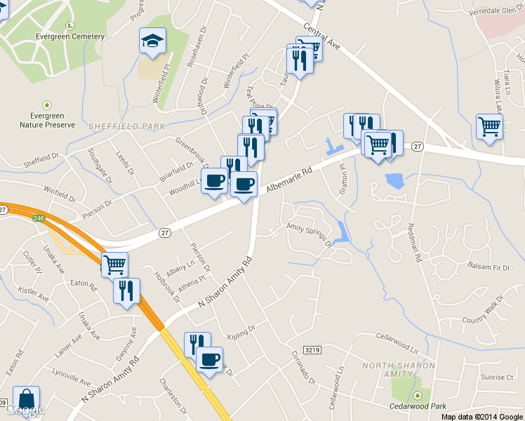 map of restaurants, bars, coffee shops, grocery stores, and more near 3034 N Sharon Amity Rd in Charlotte