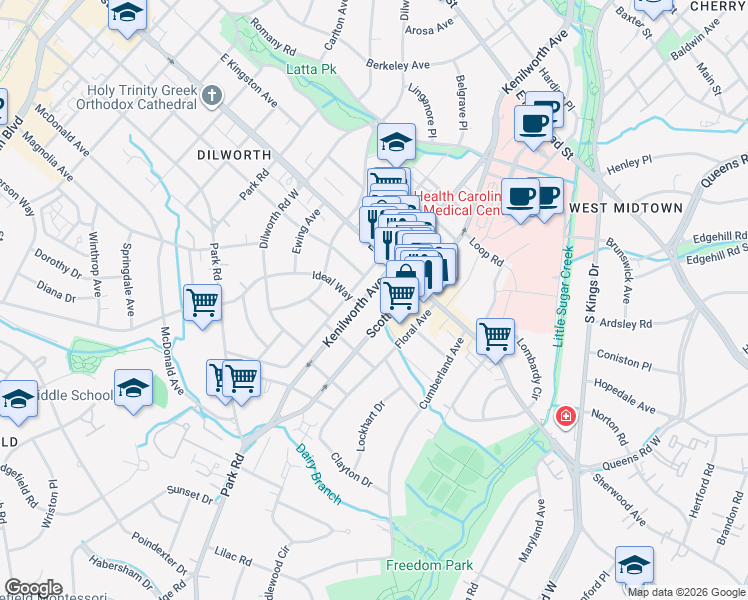 map of restaurants, bars, coffee shops, grocery stores, and more near 1903 Kenilworth Avenue in Charlotte