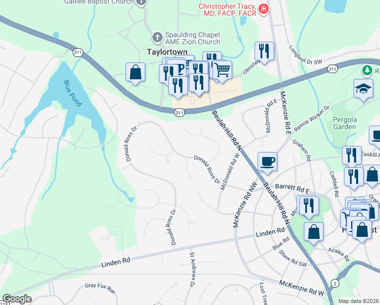 map of restaurants, bars, coffee shops, grocery stores, and more near 745 Donald Ross Drive in Pinehurst