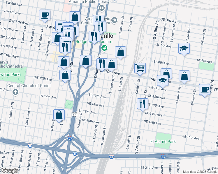 map of restaurants, bars, coffee shops, grocery stores, and more near 1122 South Johnson Street in Amarillo