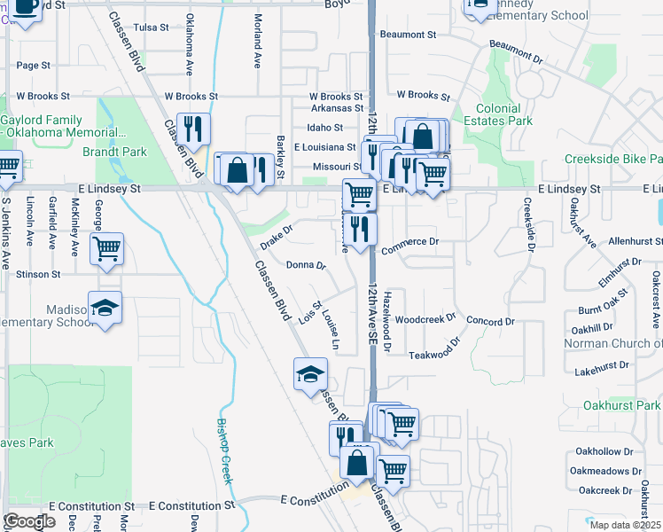 map of restaurants, bars, coffee shops, grocery stores, and more near 2265 Donna Drive in Norman