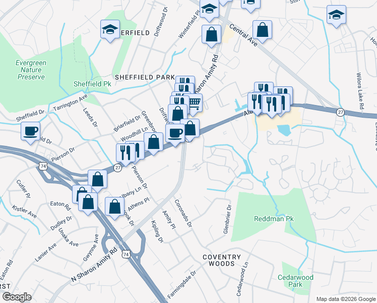 map of restaurants, bars, coffee shops, grocery stores, and more near 3034 North Sharon Amity Road in Charlotte