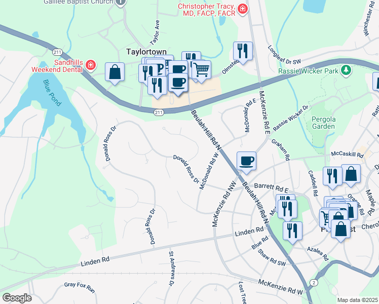 map of restaurants, bars, coffee shops, grocery stores, and more near 25 Harlow Road in Pinehurst
