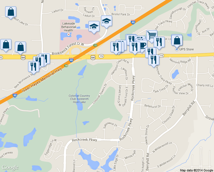 map of restaurants, bars, coffee shops, grocery stores, and more near 2774 Colonial Towers Drive in Memphis