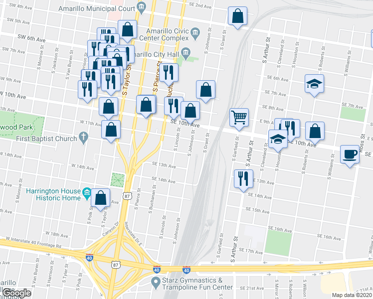 map of restaurants, bars, coffee shops, grocery stores, and more near 1201 South Johnson Street in Amarillo