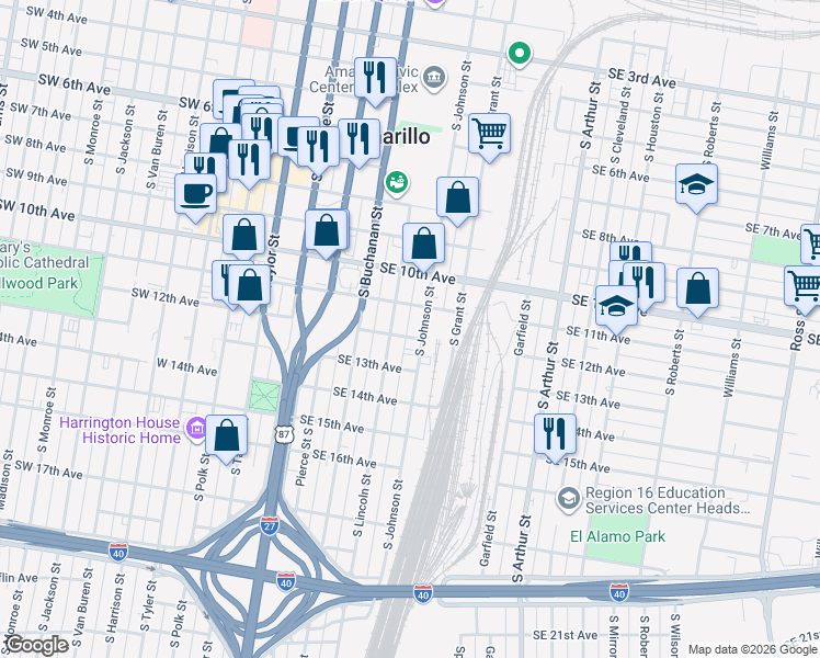 map of restaurants, bars, coffee shops, grocery stores, and more near 1201 South Johnson Street in Amarillo