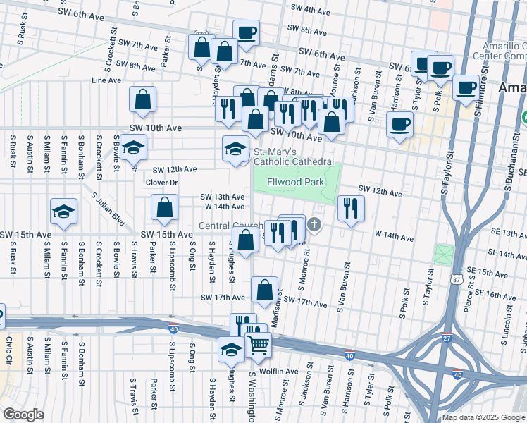 map of restaurants, bars, coffee shops, grocery stores, and more near 1401 South Washington Street in Amarillo