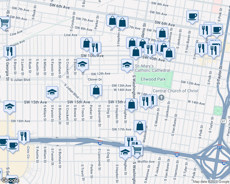 map of restaurants, bars, coffee shops, grocery stores, and more near 1406 South Hayden Street in Amarillo