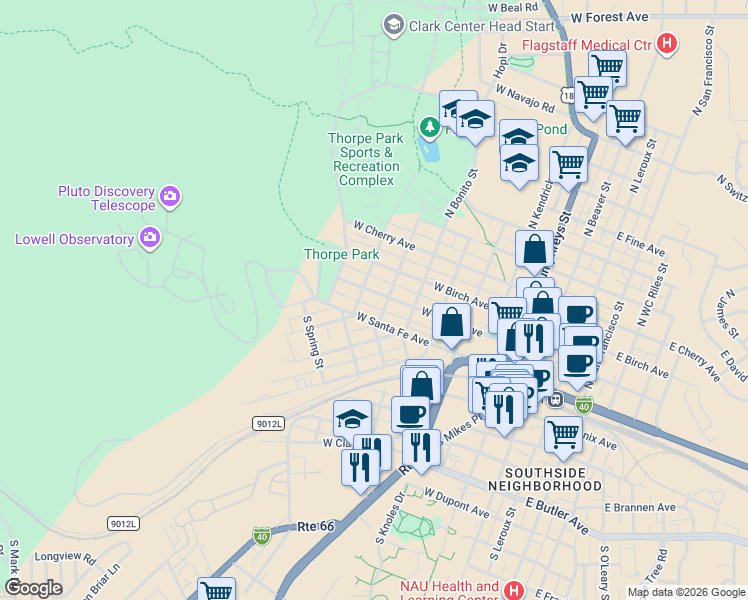 map of restaurants, bars, coffee shops, grocery stores, and more near 714 West Santa Fe Avenue in Flagstaff