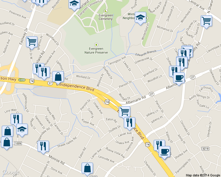 map of restaurants, bars, coffee shops, grocery stores, and more near 4037 East Independence Boulevard in Charlotte