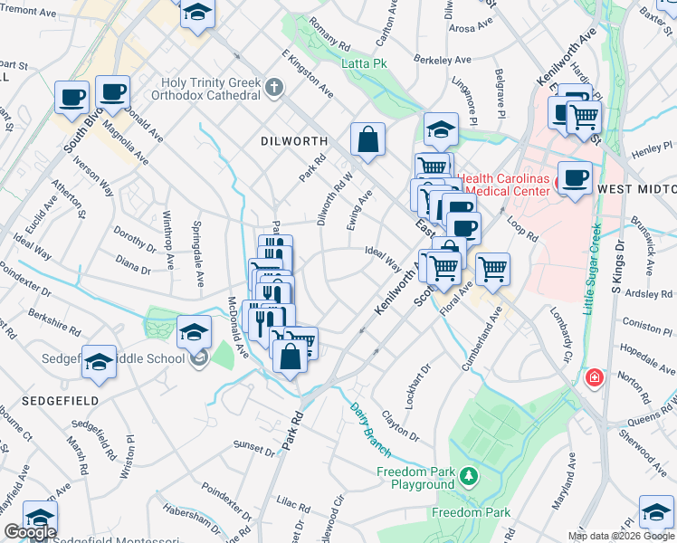 map of restaurants, bars, coffee shops, grocery stores, and more near 2132 Dilworth Road West in Charlotte