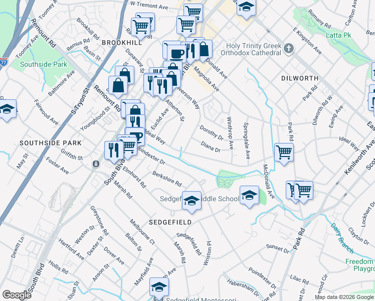 map of restaurants, bars, coffee shops, grocery stores, and more near in Charlotte