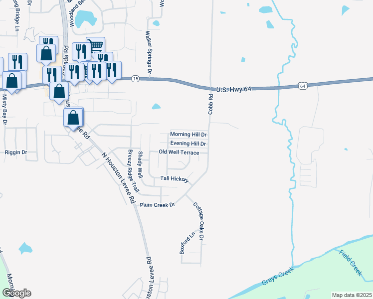 map of restaurants, bars, coffee shops, grocery stores, and more near 10211 Old Well Terrace in Memphis