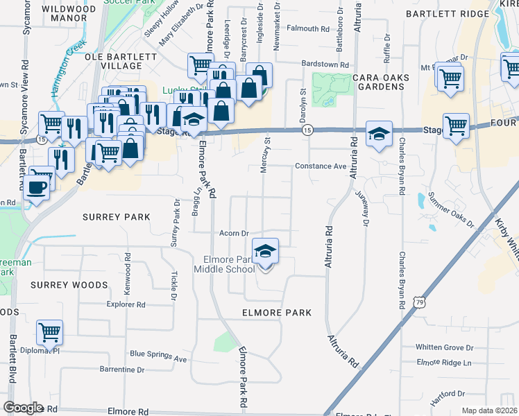 map of restaurants, bars, coffee shops, grocery stores, and more near 2744 Galaxie Street in Bartlett