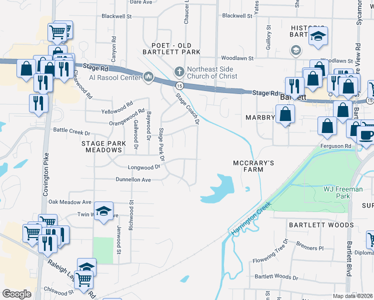 map of restaurants, bars, coffee shops, grocery stores, and more near 5416 Longwood Drive in Memphis