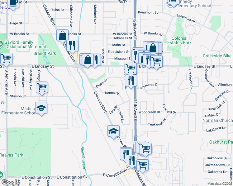 map of restaurants, bars, coffee shops, grocery stores, and more near 2246 Donna Drive in Norman