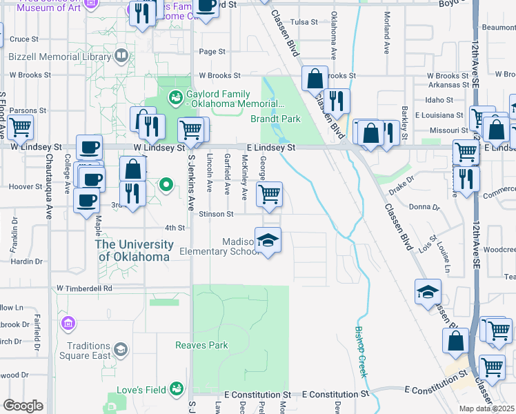 map of restaurants, bars, coffee shops, grocery stores, and more near 1420 George Avenue in Norman