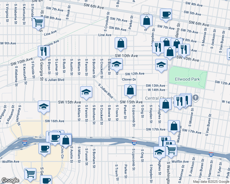 map of restaurants, bars, coffee shops, grocery stores, and more near 1218 South Travis Street in Amarillo