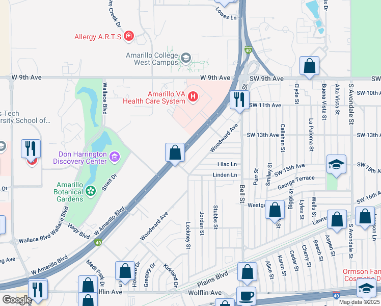 map of restaurants, bars, coffee shops, grocery stores, and more near 6141 West Amarillo Boulevard in Amarillo