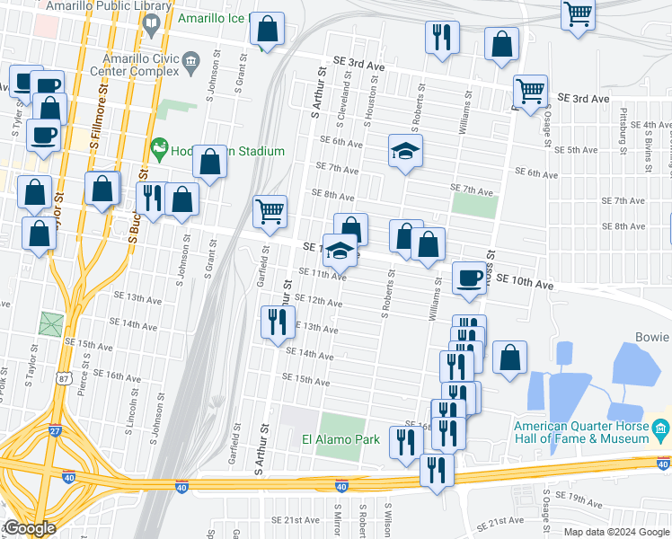 map of restaurants, bars, coffee shops, grocery stores, and more near 1008 South Houston Street in Amarillo