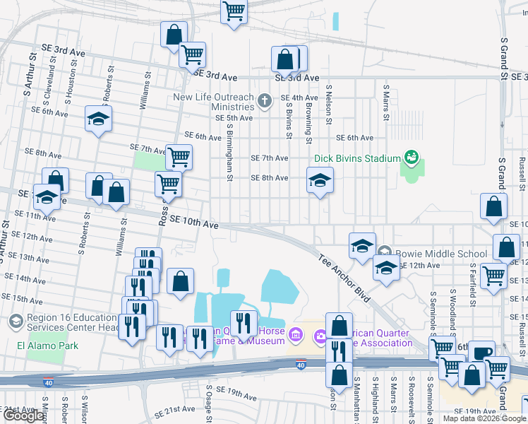 map of restaurants, bars, coffee shops, grocery stores, and more near 911 Pittsburg Street in Amarillo