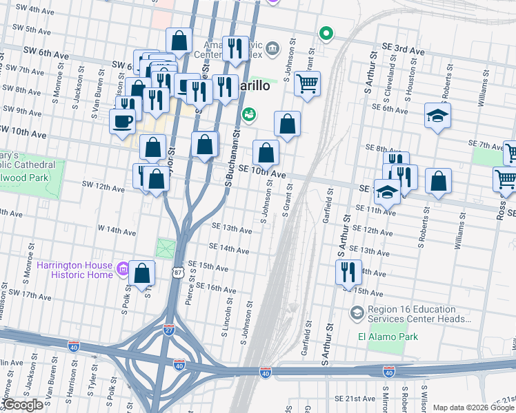 map of restaurants, bars, coffee shops, grocery stores, and more near 1201 South Johnson Street in Amarillo