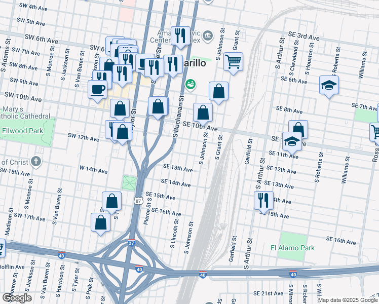 map of restaurants, bars, coffee shops, grocery stores, and more near 613 Southeast 12th Avenue in Amarillo