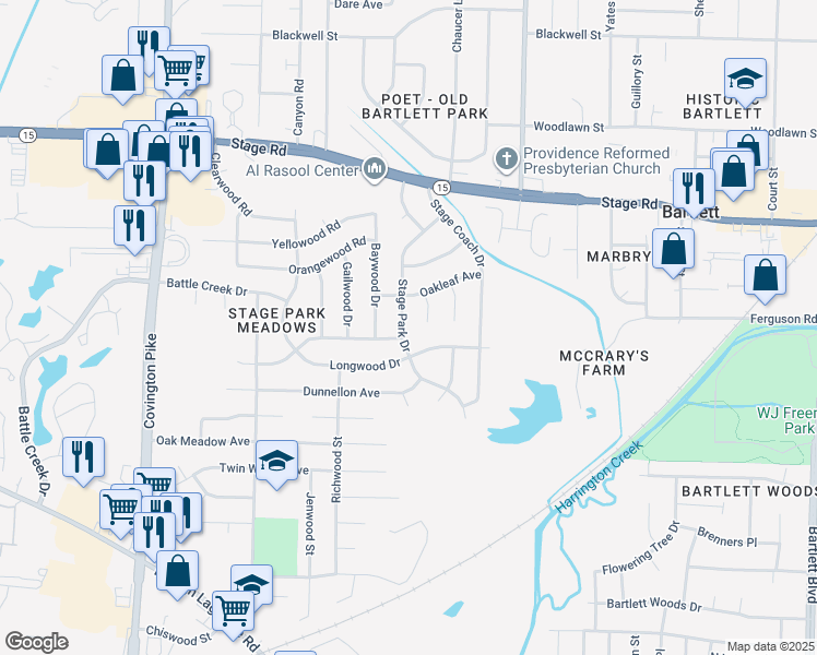 map of restaurants, bars, coffee shops, grocery stores, and more near 2756 Stage Park Drive in Memphis