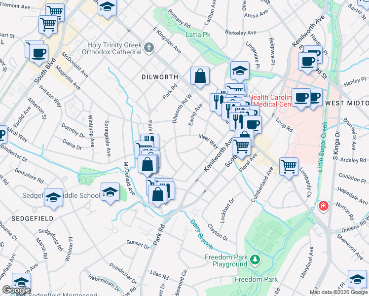 map of restaurants, bars, coffee shops, grocery stores, and more near 2132 Dilworth Road West in Charlotte