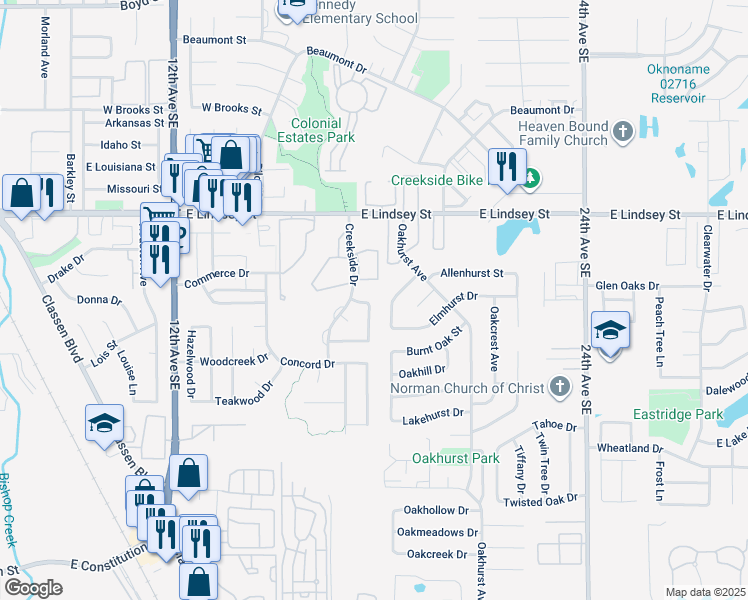 map of restaurants, bars, coffee shops, grocery stores, and more near 1513 Tree Line Drive in Norman