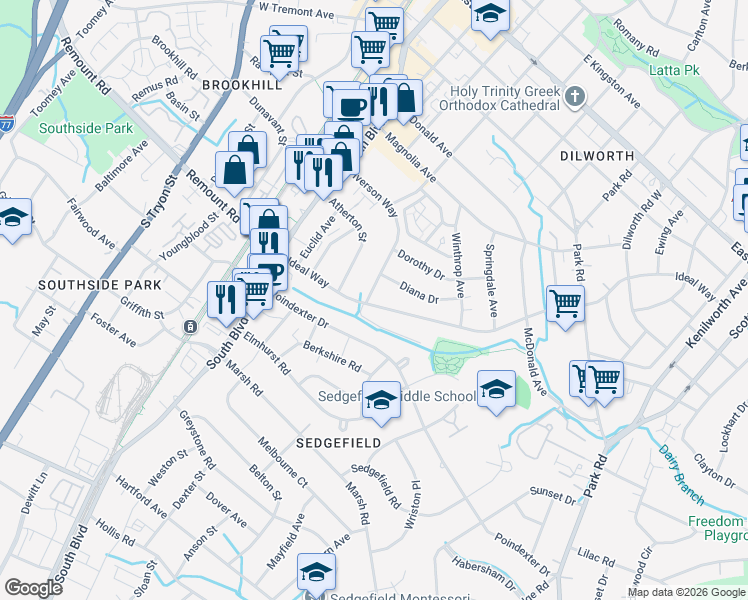 map of restaurants, bars, coffee shops, grocery stores, and more near in Charlotte