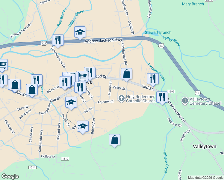 map of restaurants, bars, coffee shops, grocery stores, and more near 125 Macon Street in Andrews