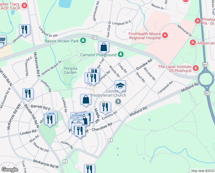 map of restaurants, bars, coffee shops, grocery stores, and more near 85 Dundee Road in Pinehurst